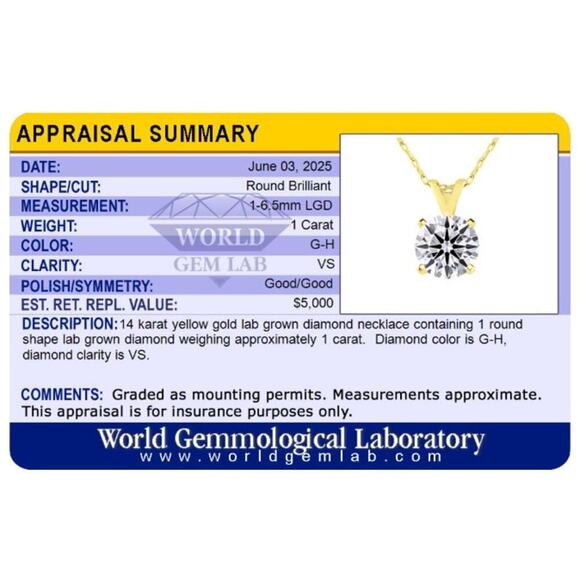 1ct Lab Grown Diamond Necklace | G VS Round Brilliant | 14K Gold - Picture 5 of 6